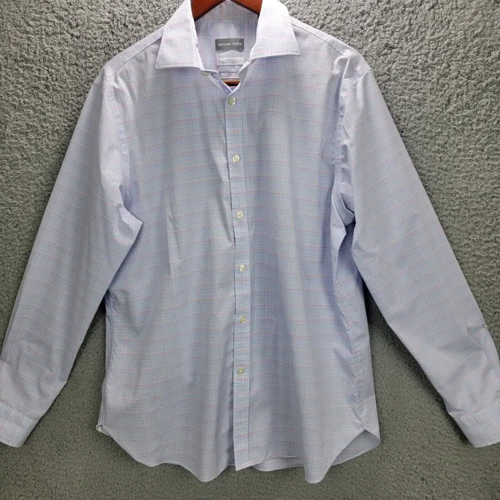 Michael Kors Shirt Mens 17 34 35  XL Blue Plaid Slim Fit Air Soft Button Front
